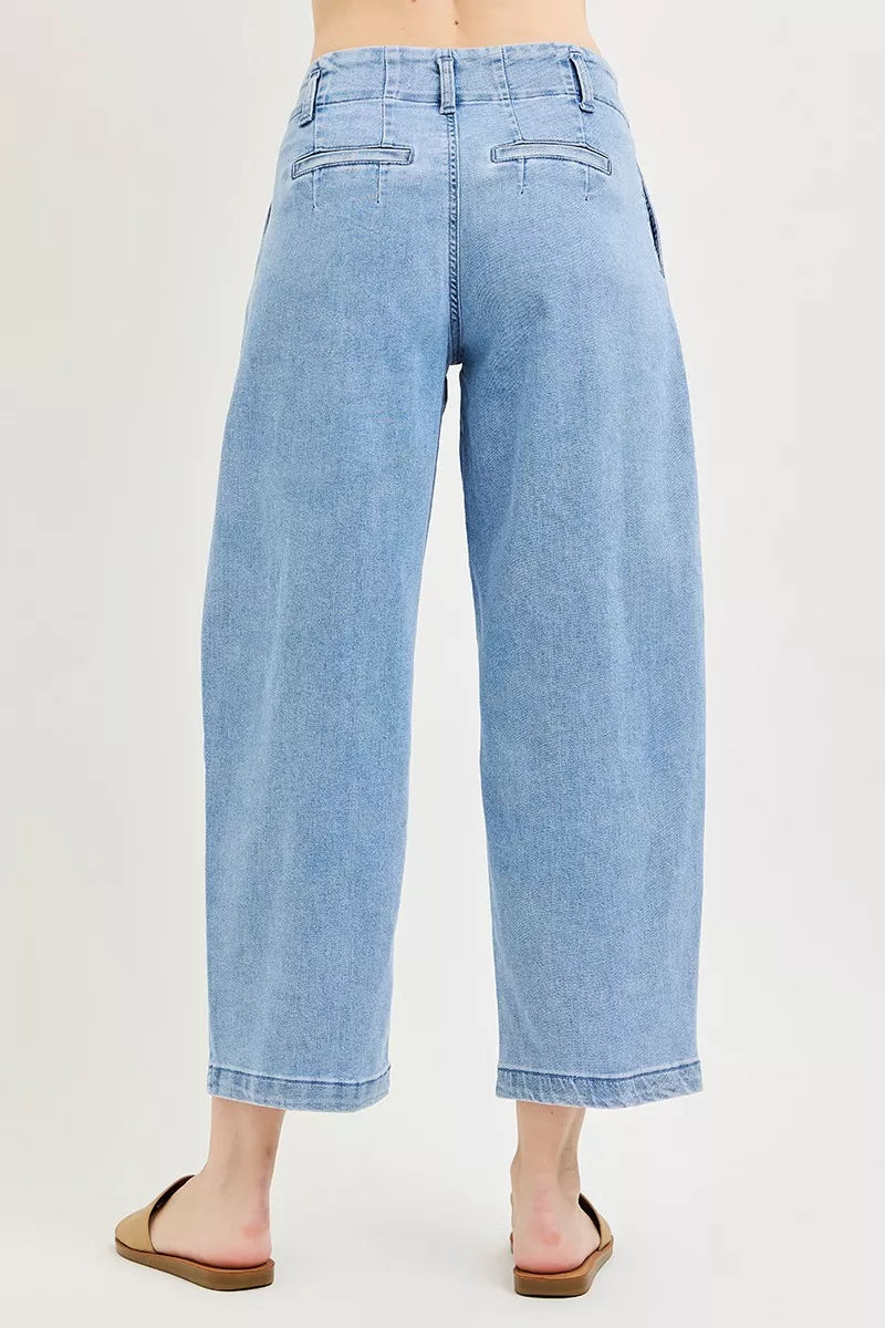 Medium-blue slouchy crop jeans, back view with patch pockets and relaxed fit