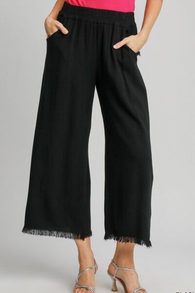 Black Linen Blend Elastic Waistband Wide Leg Pants - Tigbul's Variety Fashion Shop