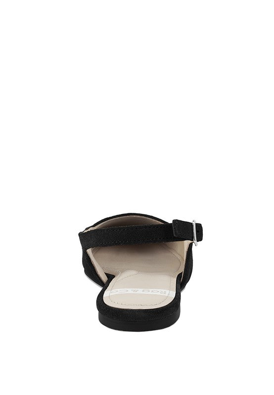 Black suede slingback flats, open back with cushioned insole and adjustable buckle