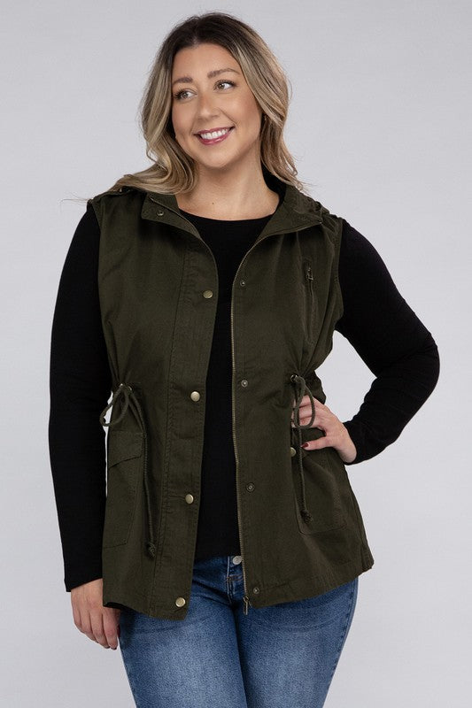 Plus Drawstring Waist Military Hoodie Vest - Tigbul's Variety Fashion Shop