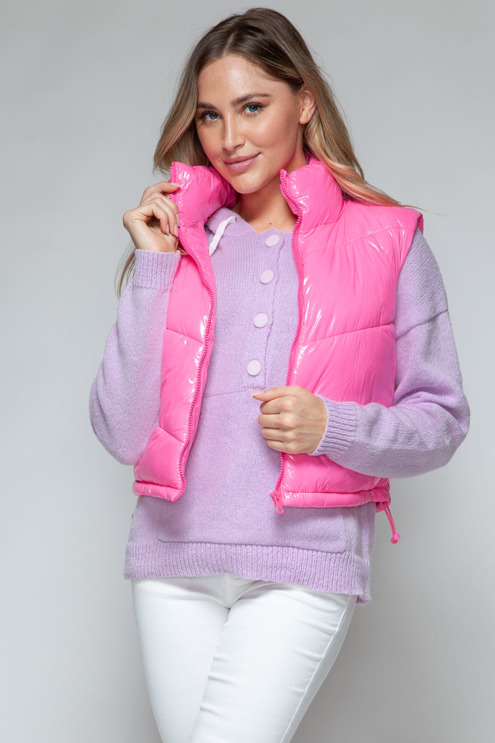 Hot Pink Zip Up Turtleneck Shiny Quilted Vest - Tigbul's Variety Fashion Shop