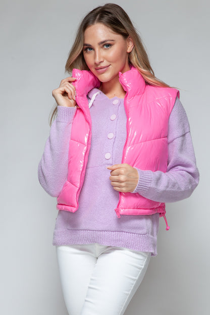 Hot Pink Zip Up Turtleneck Shiny Quilted Vest - Tigbul's Variety Fashion Shop