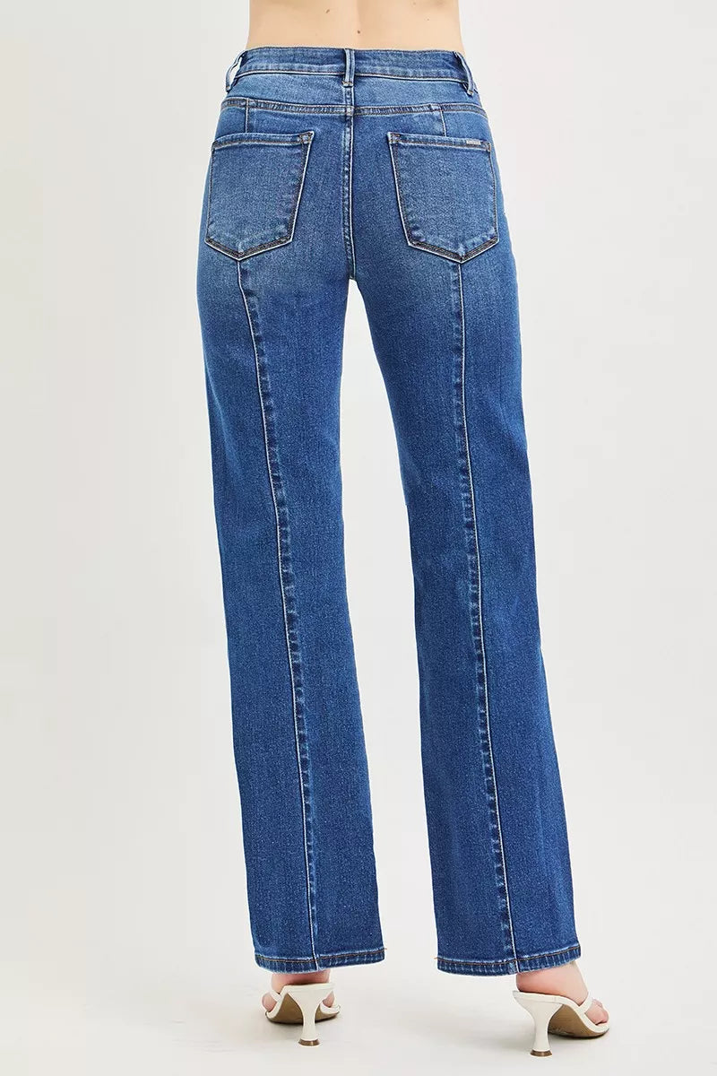 Dark wash straight-leg jeans with back patch pockets and visible yoke seam