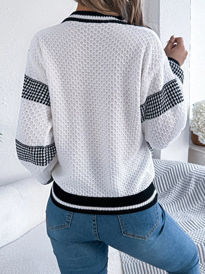 Contrast Striped V-Neck Sweater - Tigbul's Variety Fashion Shop