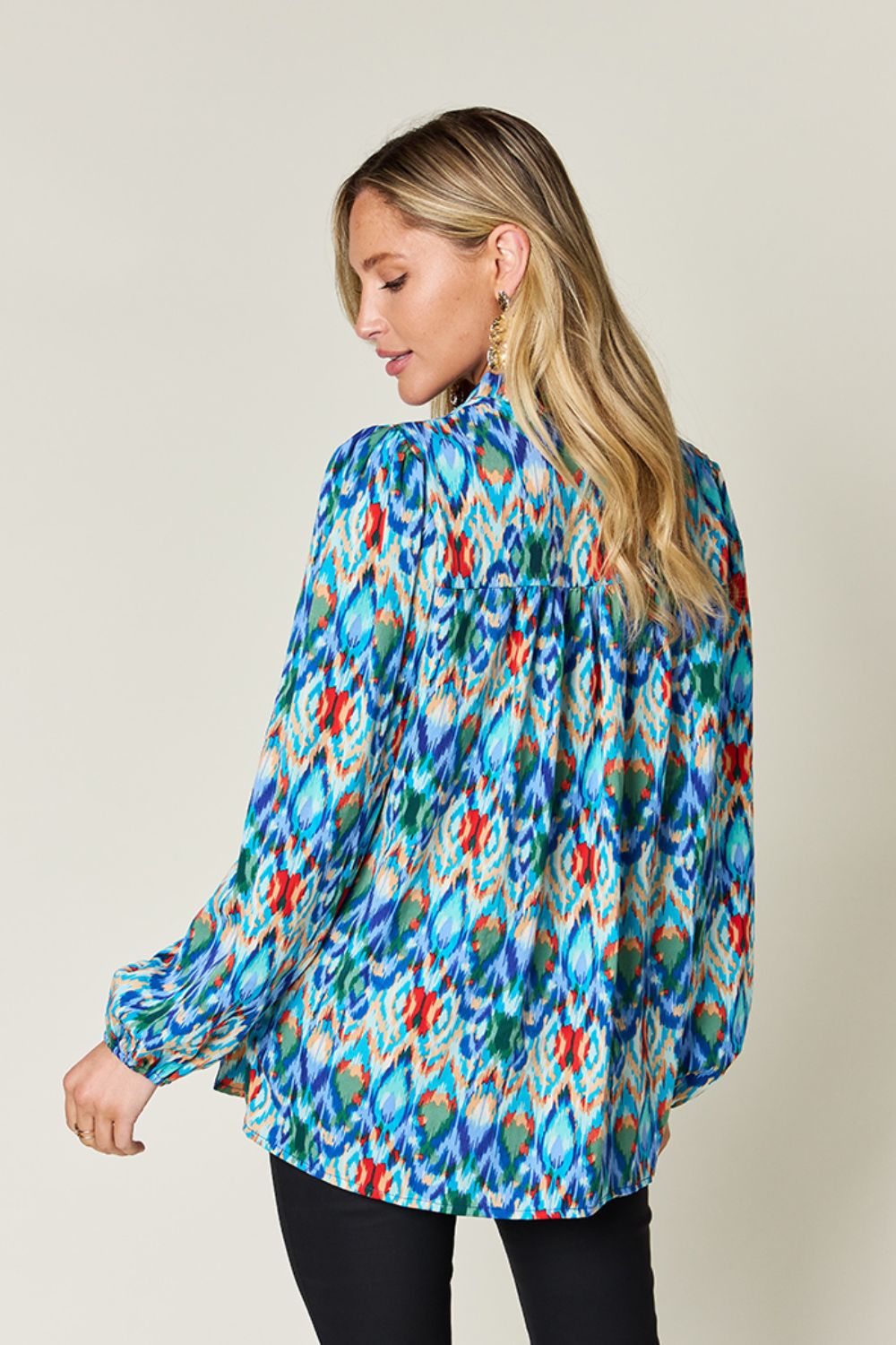 Blue Printed Balloon Sleeve Blouse Small up to 3XL - Tigbul's Variety Fashion Shop