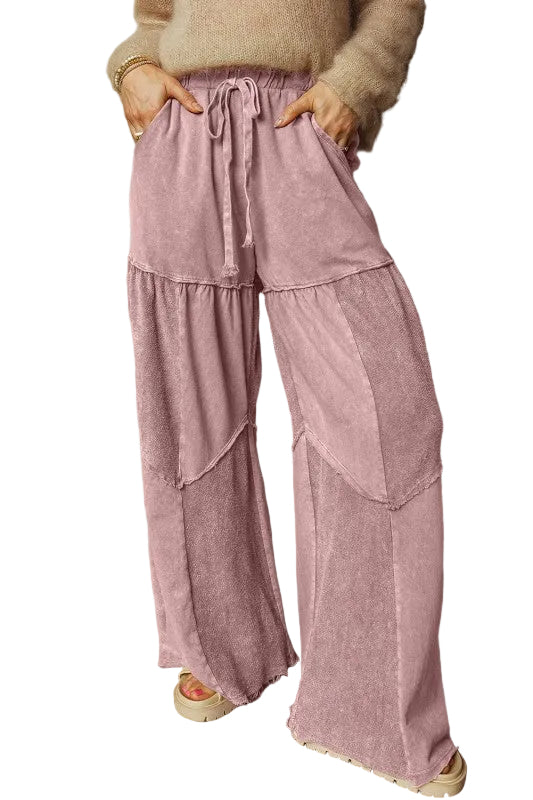 Mineral Wash Patchwork Tiered Wide Leg Pants, Women's - Tigbul's Variety Fashion Shop