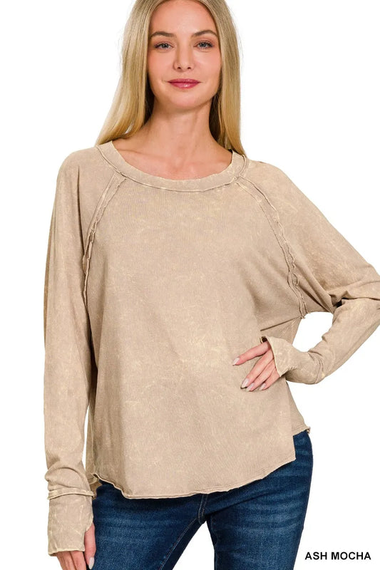 Zenana Crinkle Washed Thumb Hole Cuffs Long Sleeve Top - Tigbul's Variety Fashion Shop