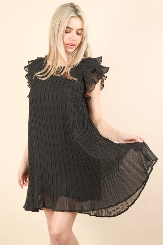 Black Plus Size Ruffle Sleeve Pleated Woven Mini Dress - Tigbul's Variety Fashion Shop