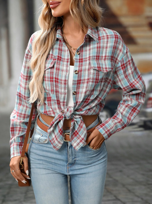 Plaid Button-Down Oversized Shirt - Tigbul's Variety Fashion Shop