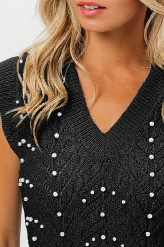 Black Chevron Pointelle Pearl Knit Top - Tigbul's Variety Fashion Shop