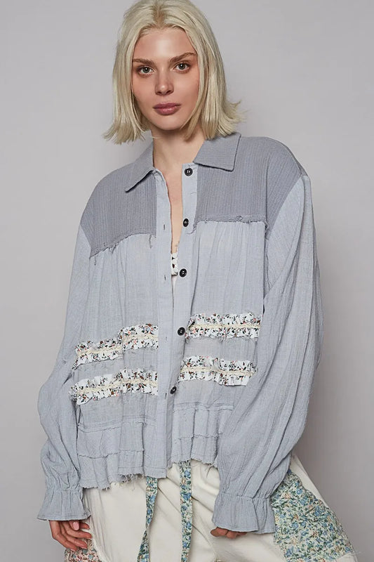 POL Button Down Floral Trim Ruffle Washed Shacket - Tigbul's Variety Fashion Shop