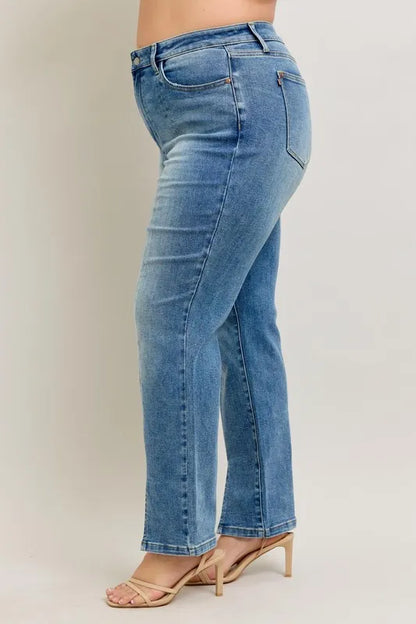 Judy Blue Full Size High Waist Vintage Wash Front Seam & Slit Straight Plus Size - Tigbul's Variety Fashion Shop