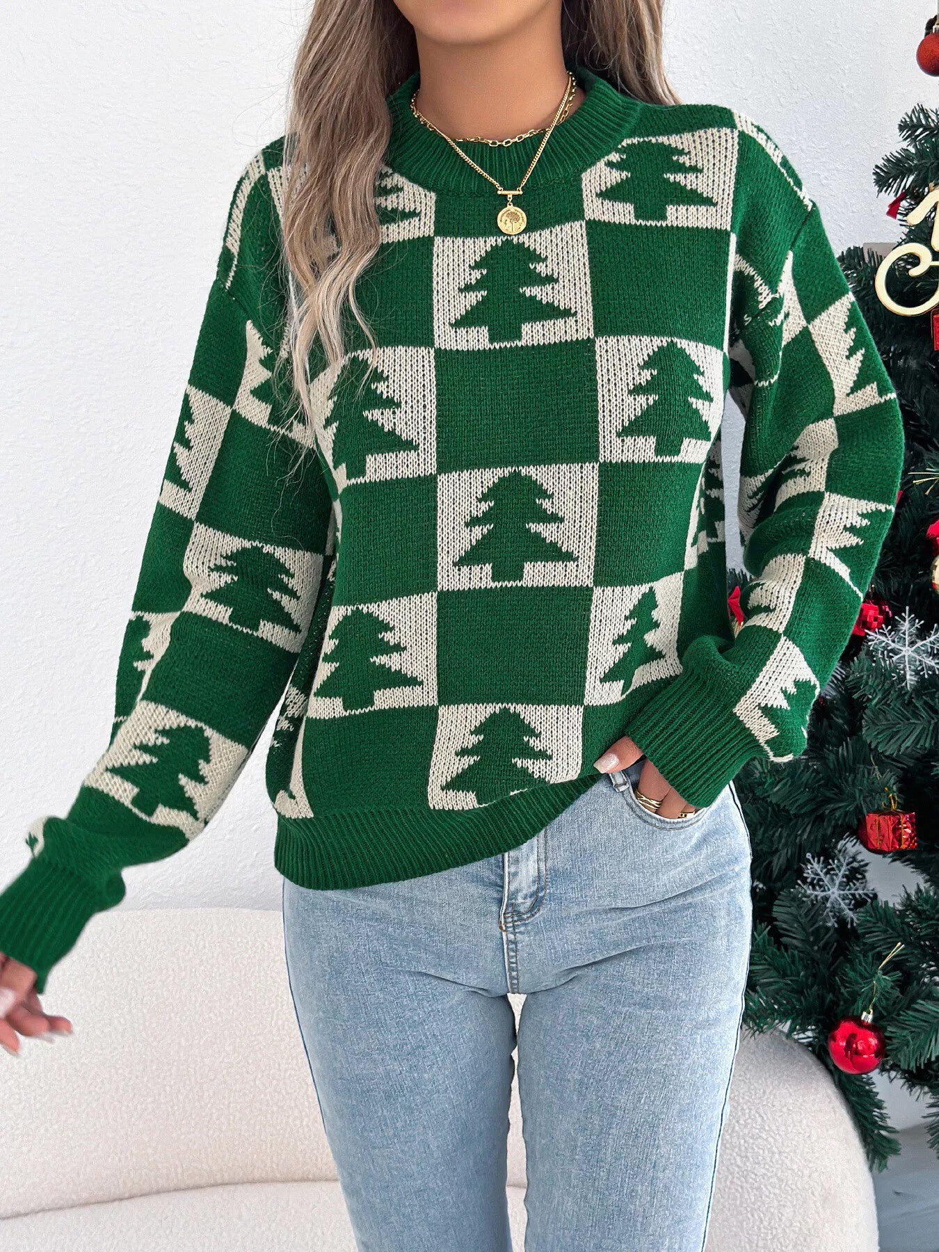 Christmas Tree Checkerboard Pattern Sweater - Tigbul's Variety Fashion Shop