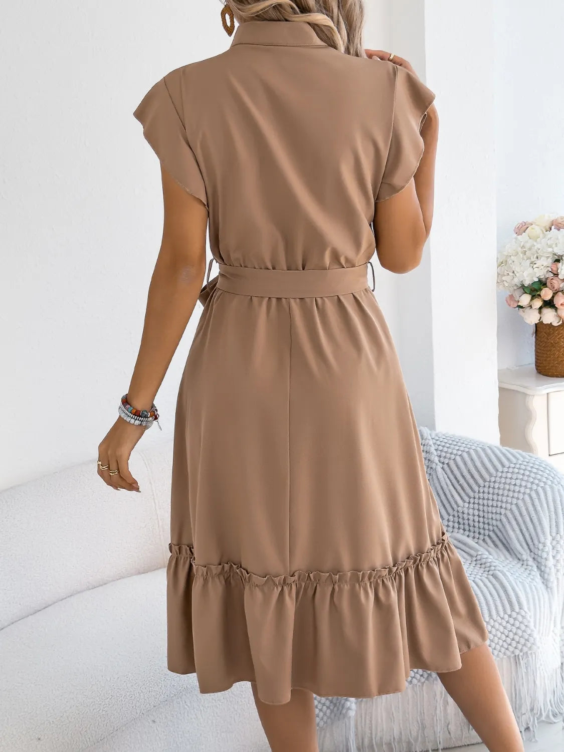 Tie Waist Ruffled Cap Sleeve Dress - Tigbul's Variety Fashion Shop