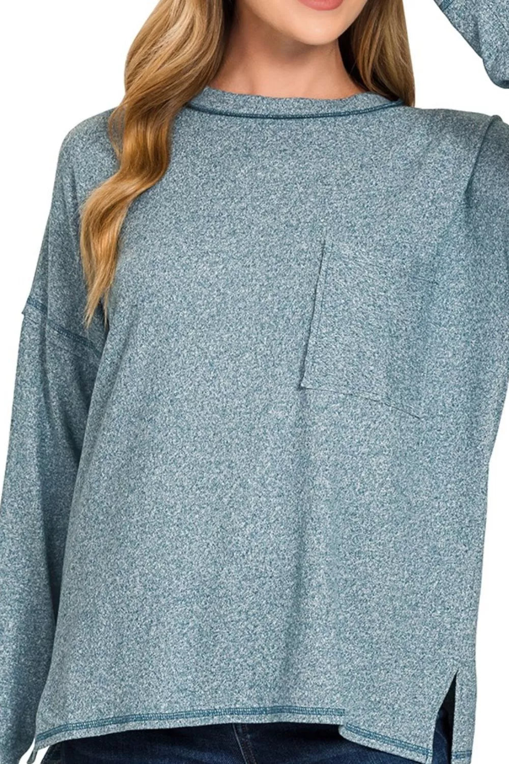 Zenana Soft Melange Hacci Round-Neck Long Sleeve T-Shirt - Tigbul's Variety Fashion Shop