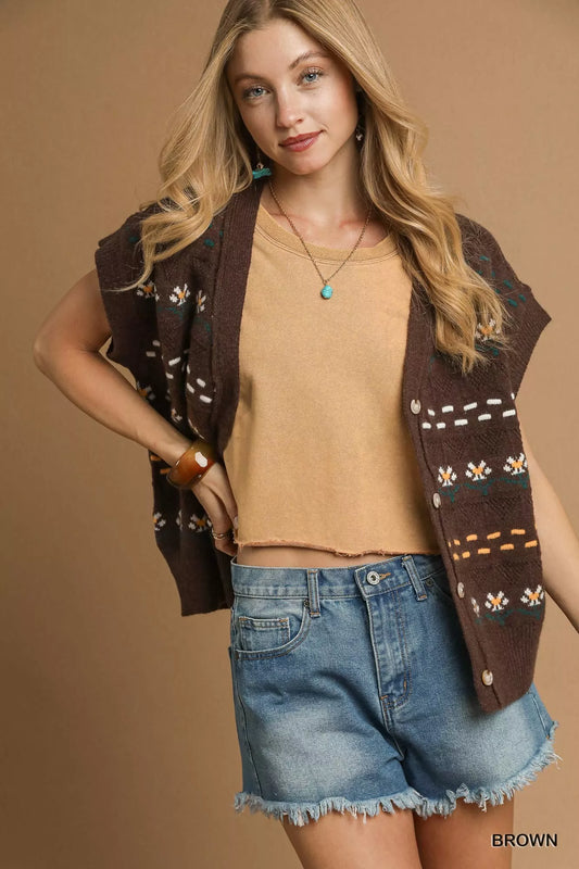 Umgee Button-Down Knit Vest with Floral Pattern - Tigbul's Variety Fashion Shop
