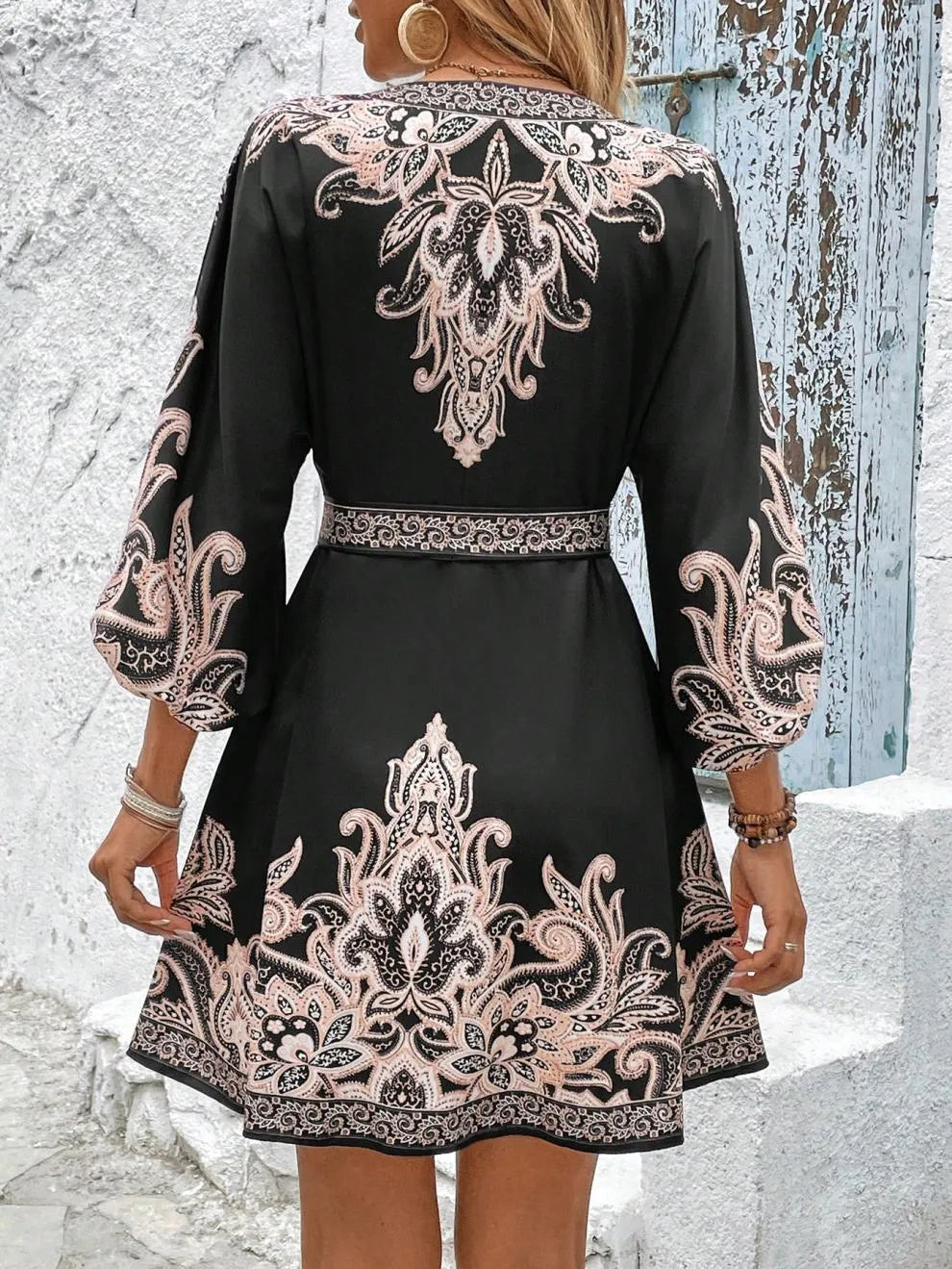 Paisley V-Neck 3/4 Sleeve Mini Dress - Tigbul's Variety Fashion Shop