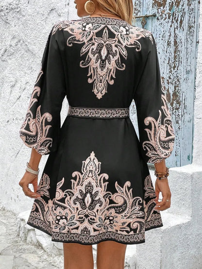 Paisley V-Neck 3/4 Sleeve Mini Dress - Tigbul's Variety Fashion Shop