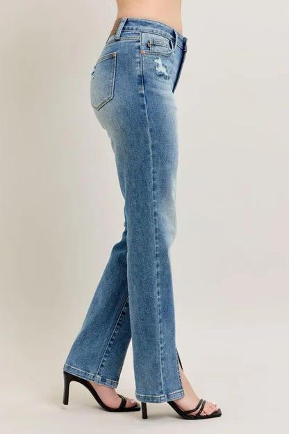 Judy Blue Full Size High Waist Vintage Wash Front Seam & Slit Straight Plus Size - Tigbul's Variety Fashion Shop