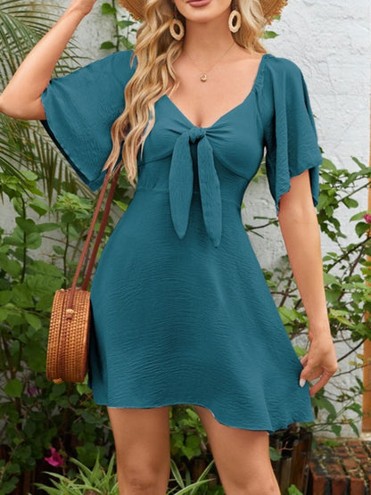 Smocked Back Knotted Flutter Sleeve Dress - Tigbul's Variety Fashion Shop
