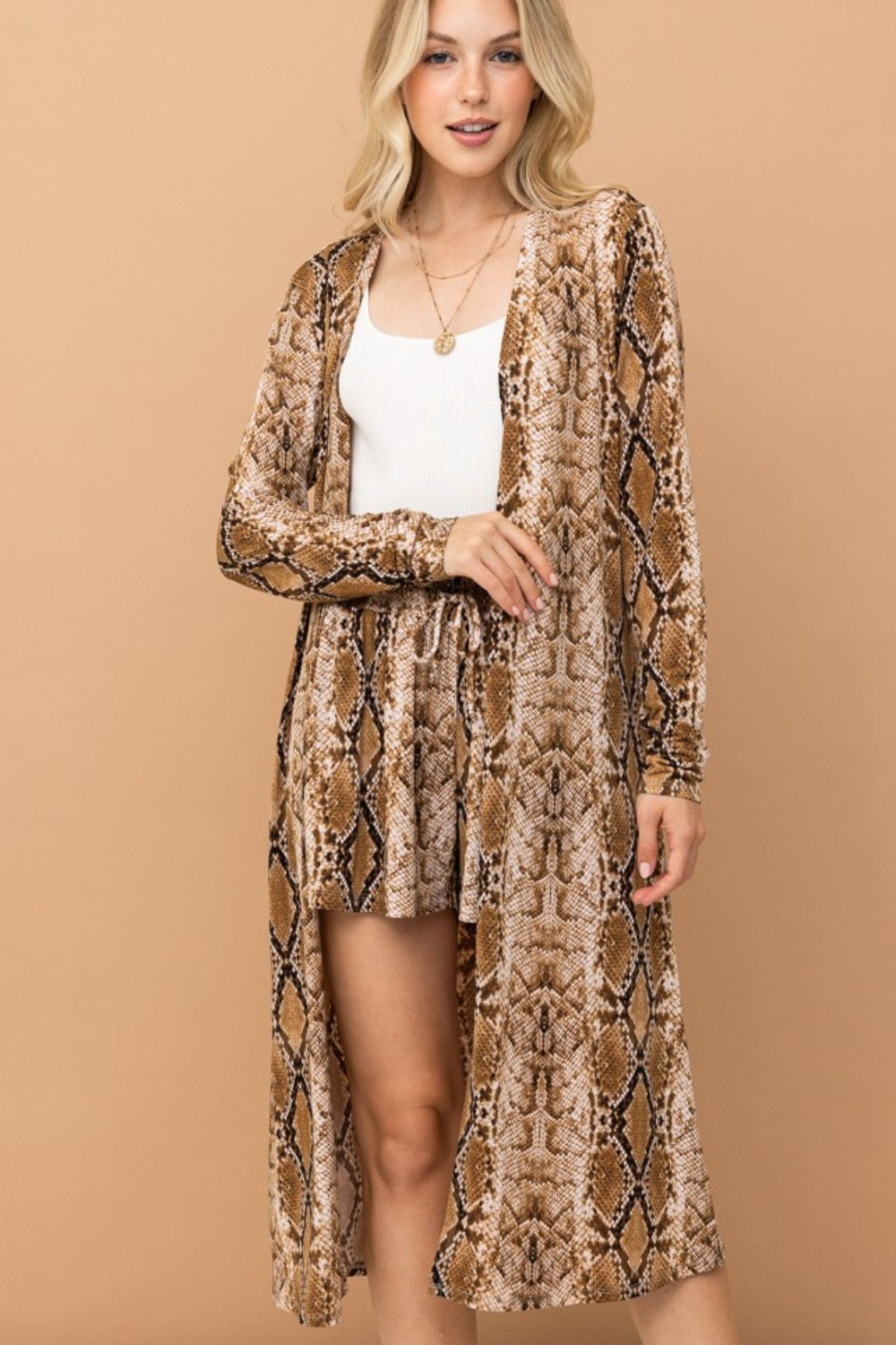 And The Why Snake Print Kimono Open Front Longline Cardigan - Tigbul's Variety Fashion Shop