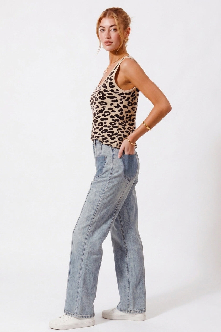 Oatmeal leopard knit V-neck tank top, sleeveless with scoop neck