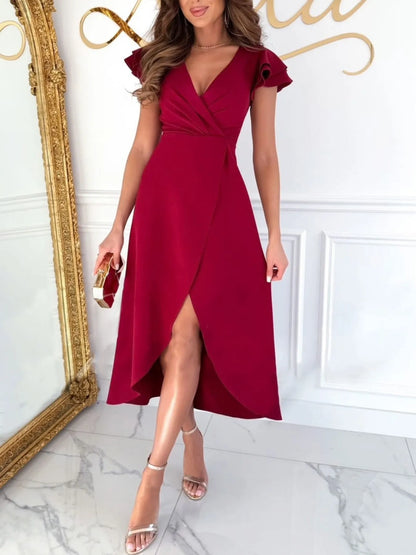 Surplice Ruffled Cap Sleeve Dress - Tigbul's Variety Fashion Shop