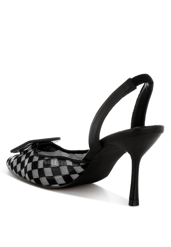 Black pointy stiletto slingback showing side view of black-and-white checkered mesh