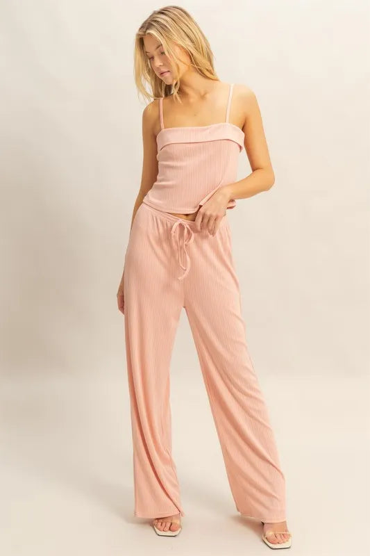 Peach Color Rib Knit Cami Top and Pants Set - Tigbul's Variety Fashion Shop
