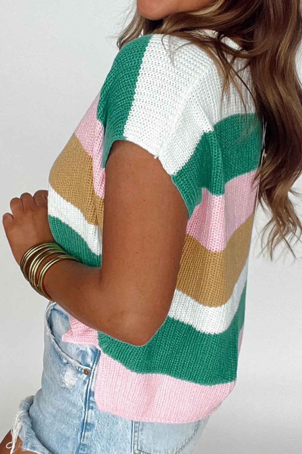 Color Block Notched Cap Sleeve Knit Top - Tigbul's Variety Fashion Shop