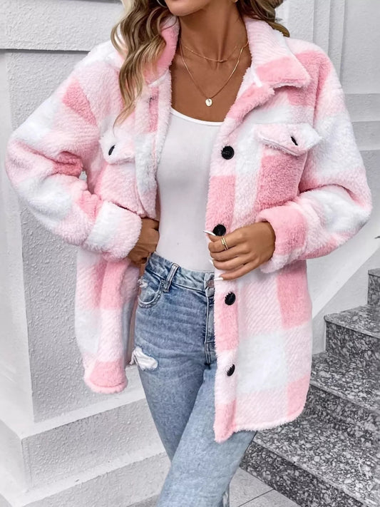 Plaid Fleece Button-Up Outerwear - Tigbul's Variety Fashion Shop