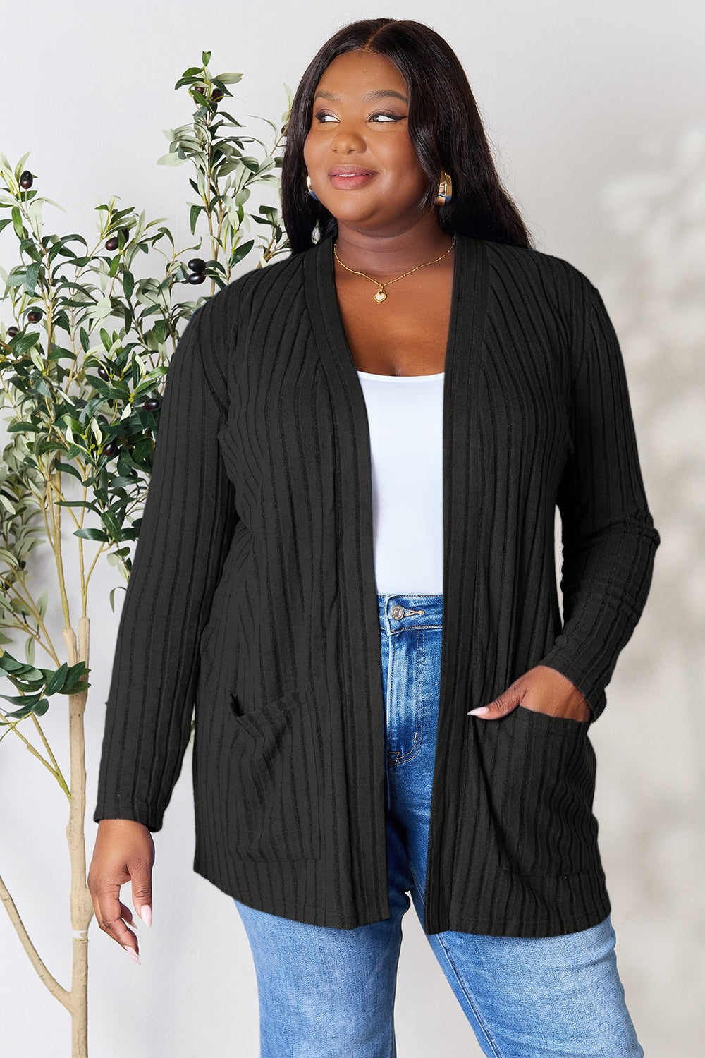 Ribbed Open Front Cardigan with Pockets - Tigbuls Variety Fashion