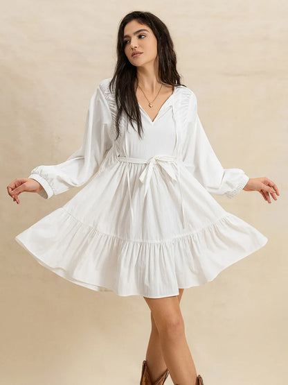 Tiered Tie Neck Long Sleeve White Mini Dress - Tigbul's Variety Fashion Shop