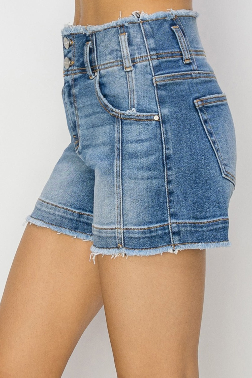 RISEN High Rise Seam Detailed Raw Edge Denim Shorts - Tigbul's Variety Fashion Shop