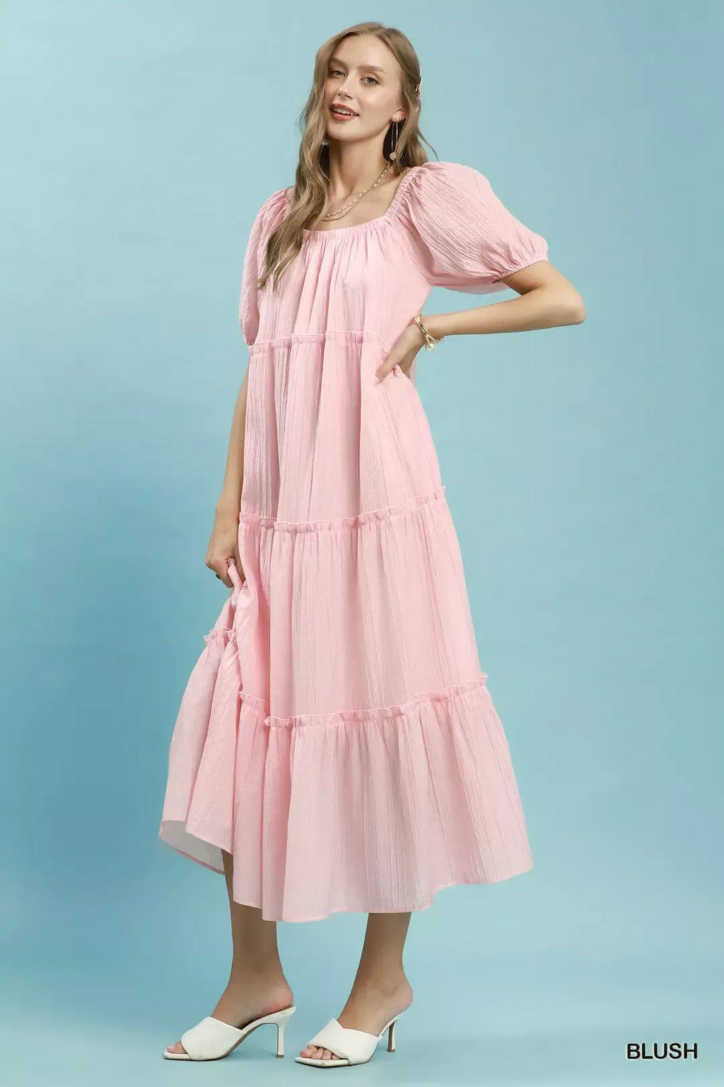 Umgee blush tiered midi dress with layered ruffle skirt and puffed sleeves