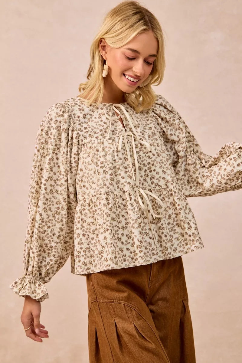 BiBi Floral Printed Peplum Blouse with Shirring and Tied - Tigbul's Variety Fashion Shop