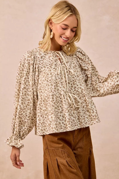 BiBi Floral Printed Peplum Blouse with Shirring and Tied - Tigbul's Variety Fashion Shop