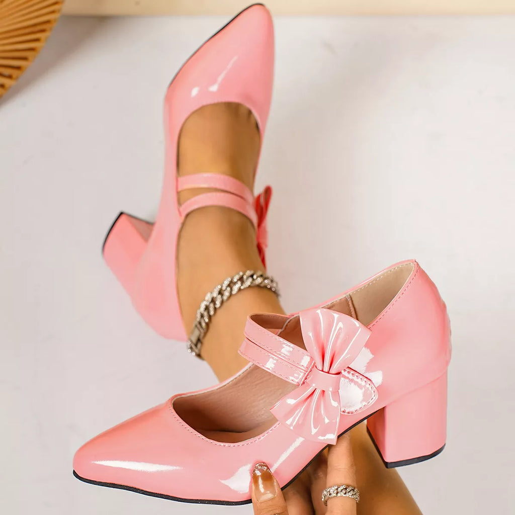 Pink point toe block heels with ribbon bow, patent leather look, chunky heel