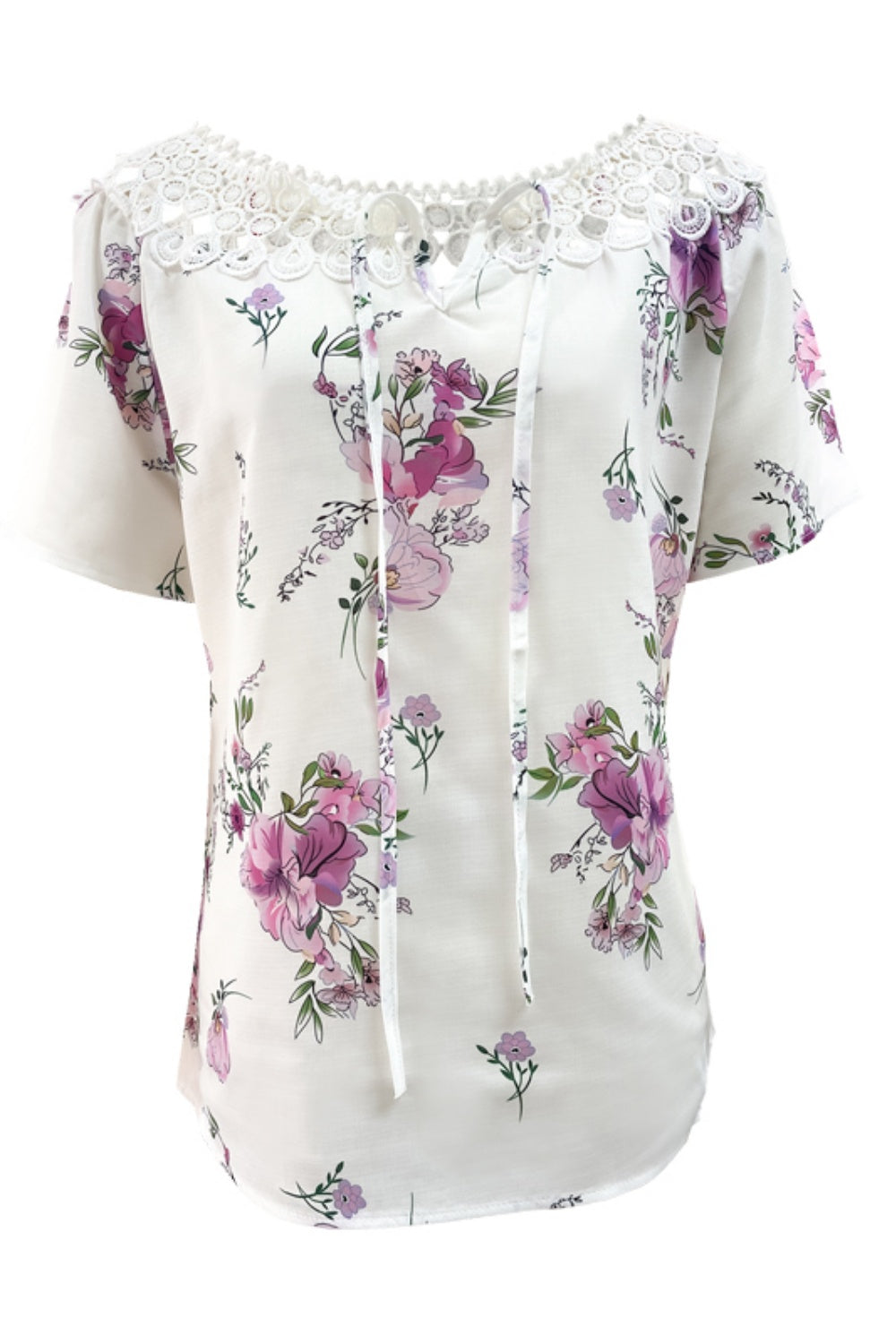 Full Size Printed Tie Neck Short Sleeve Blouse - Tigbul's Variety Fashion Shop