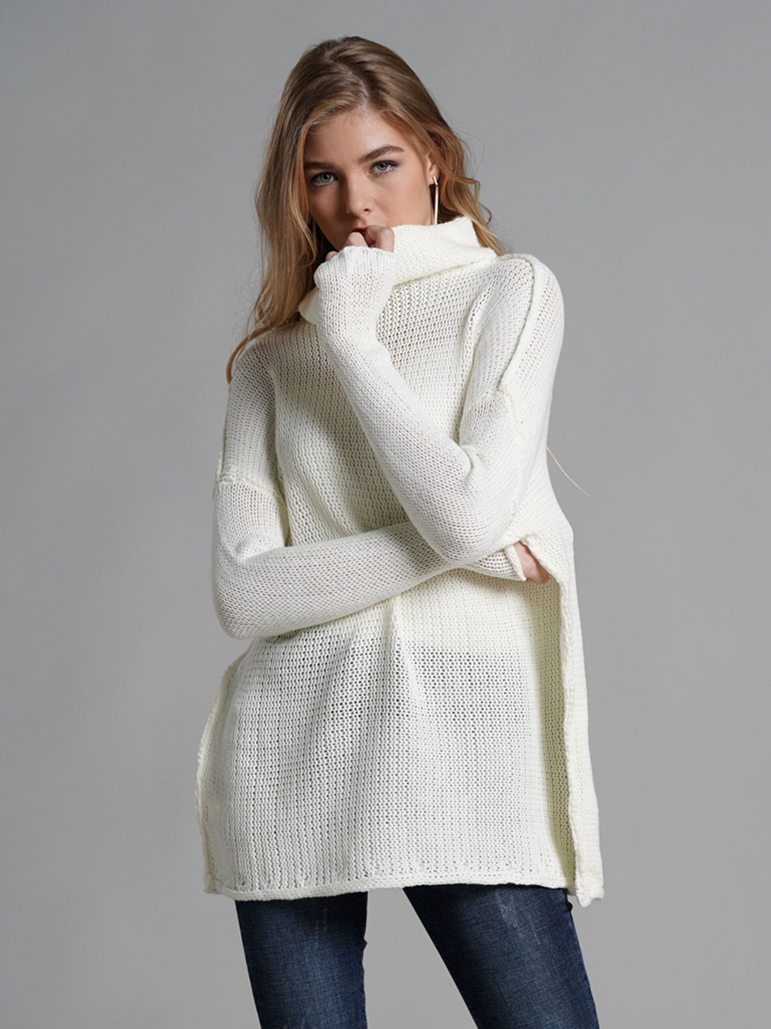 Turtleneck Dropped Shoulder Long Sleeve Sweater - Tigbul's Variety Fashion Shop