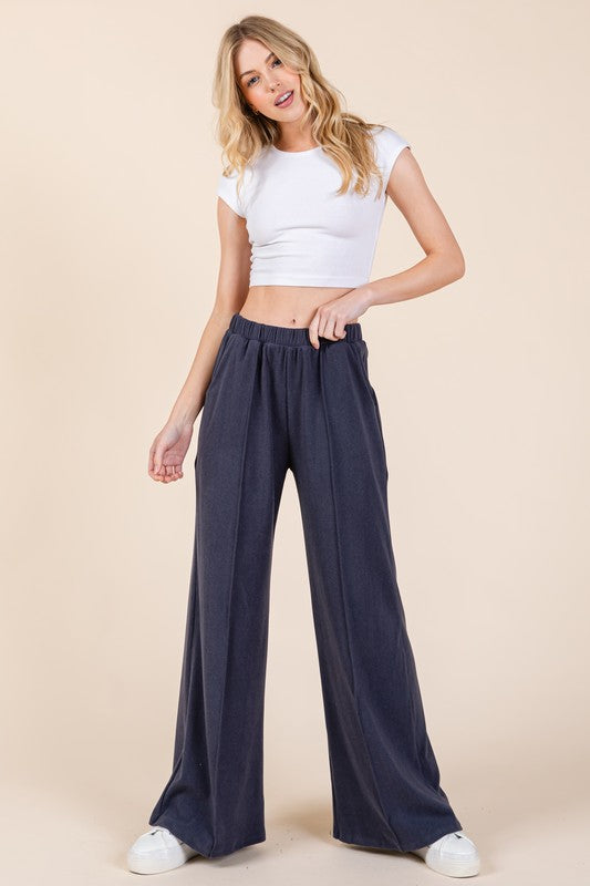 BOMBOM Elastic Waist Wide Leg Pants with Pockets - Tigbul's Variety Fashion Shop