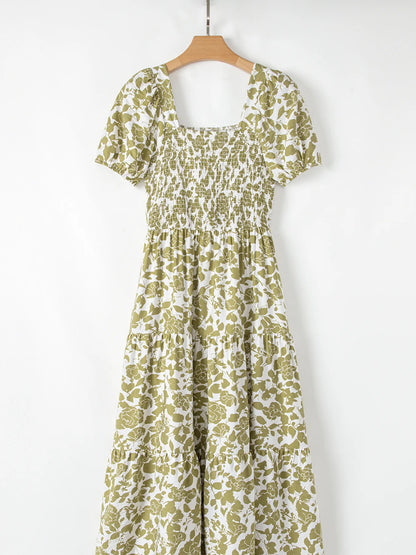 Boho Floral Square Neck Smocked Bust Puff Sleeve Tiered Dress - Tigbul's Variety Fashion Shop