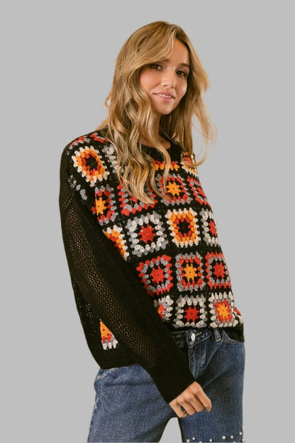 Ladies Granny Square Front Long Sleeve Top - Tigbul's Variety Fashion Shop