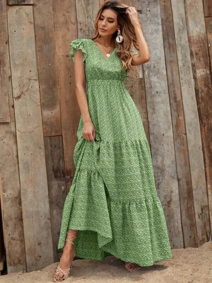 Printed V-Neck Ruffled Cap Sleeve Maxi Dress - Tigbul's Variety Fashion Shop