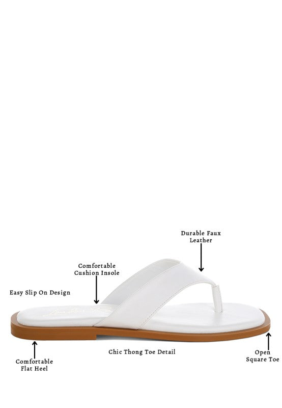 White toe-post thong flats with cushion insole, flat heel, square toe detail