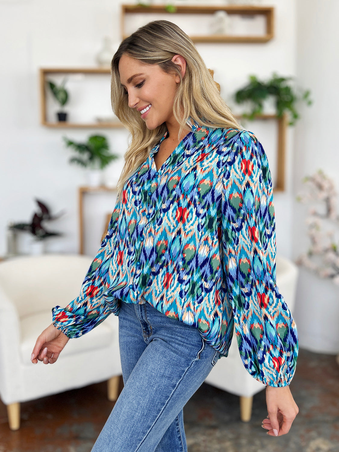 Blue Printed Balloon Sleeve Blouse Small up to 3XL - Tigbul's Variety Fashion Shop