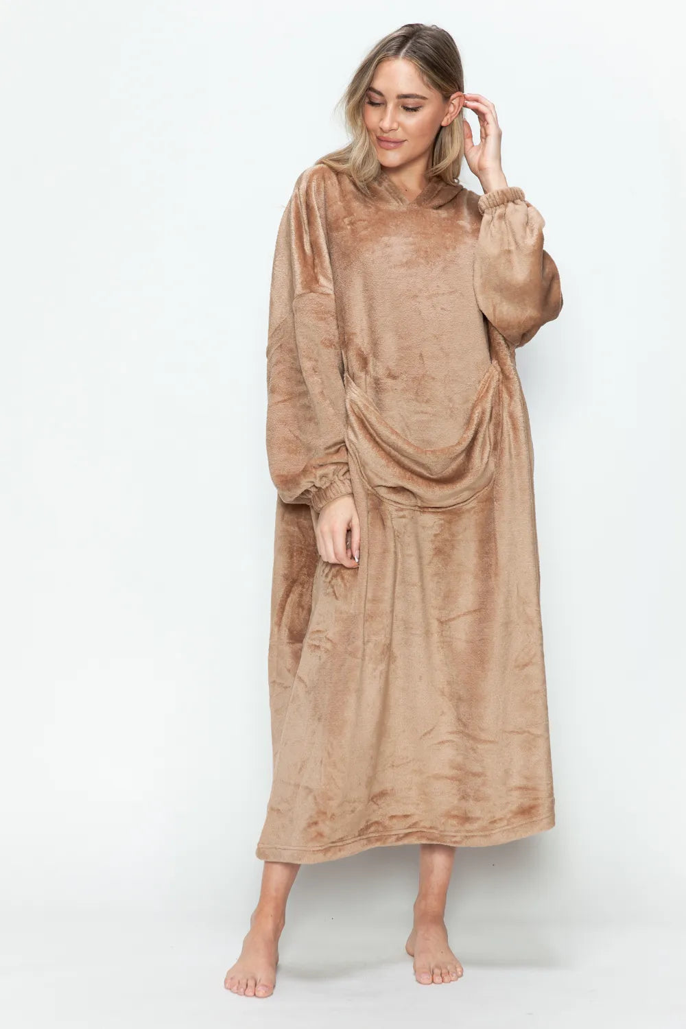 Mocha hooded midi lounge dress with front pocket and roomy long sleeves