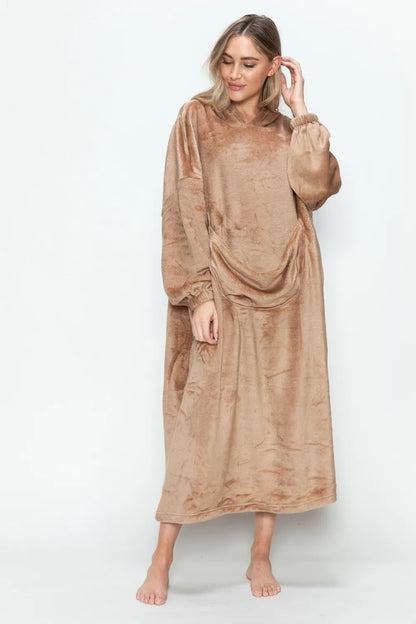 Double Take Full Size Pocketed Hooded Midi Lounge Dress - Tigbul's Variety Fashion Shop
