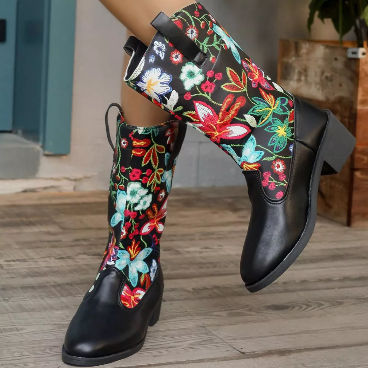 Floral Block Heel Boots - Tigbul's Variety Fashion Shop