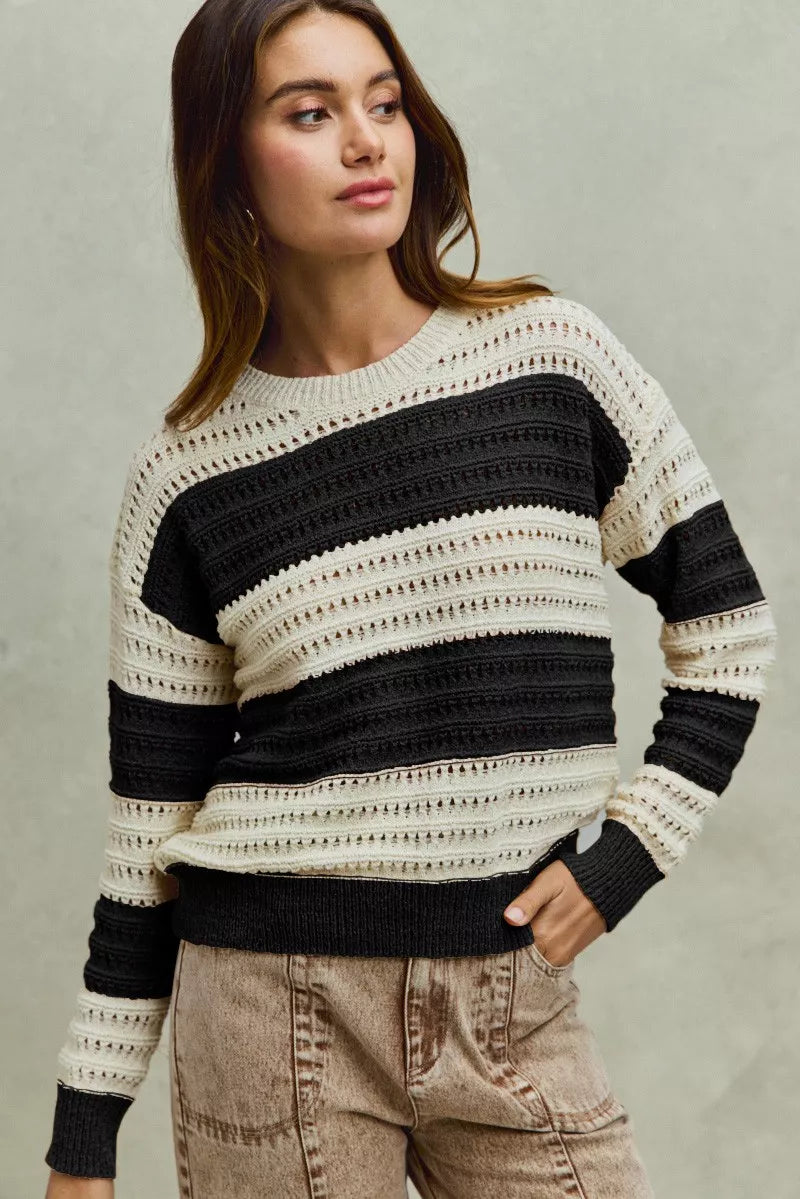 SO ME Openwork Round Neck Wide Stripe Textured Sweater - Tigbul's Variety Fashion Shop